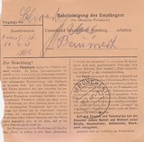Carte de paquet 1948: Celle 1 par Haar près de Munich, carte de valeur
