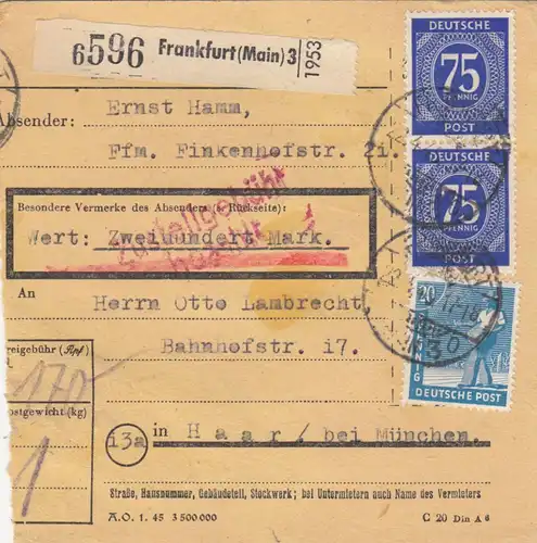 Carte de paquet 1948: Francfort par Haar, carte de valeur 200 Mark