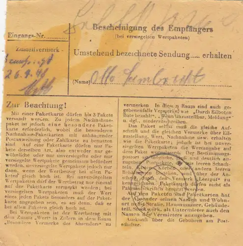 Carte de paquet 1948: Francfort par Haar, carte de valeur 200 Mark