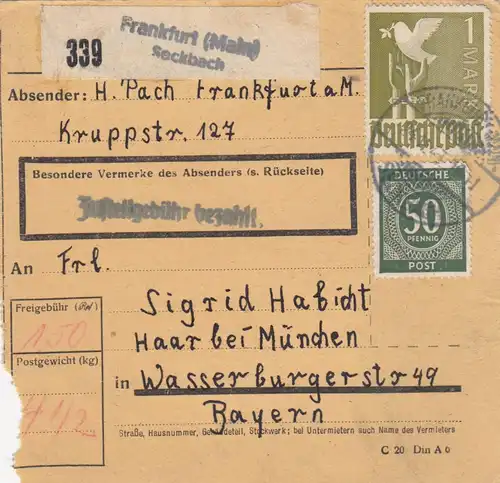 Paketkarte 1947: Frankfurt Seckbach nach Haar