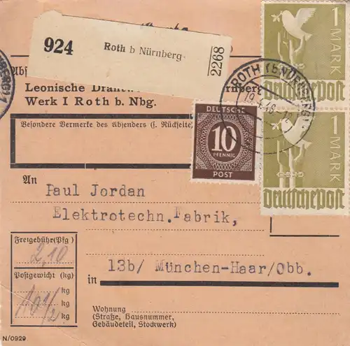 Paketkarte 1948: Roth bei Nürnberg nach Haar, Selbstbucher