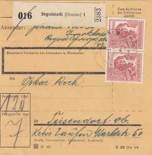 Paketkarte 1948: Ingolstadt nach Teisendorf