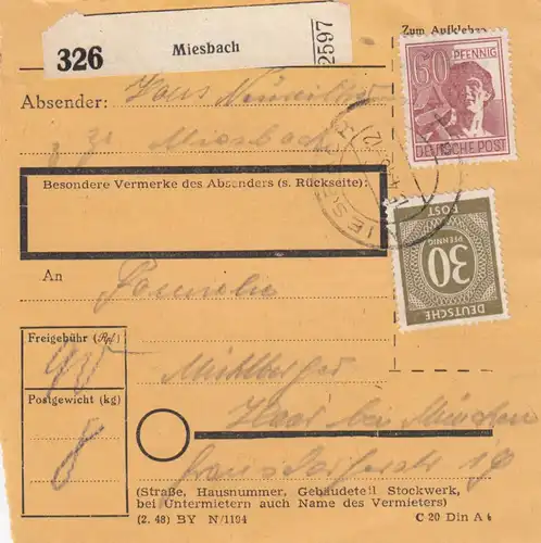 Carte de paquet 1948: Miesbach après Haar