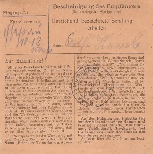 Paketkarte 1947: Waldsassen nach Putzbrunn