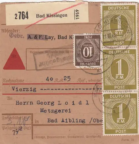 Paketkarte 1946: Bad Kissingen nach Bad Aibling, Nachnahme