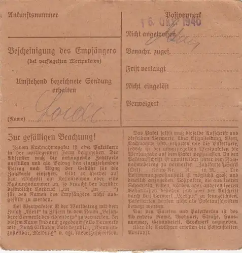 Paketkarte 1946: Bad Kissingen nach Bad Aibling, Nachnahme