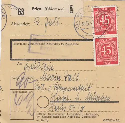 Carte de paquet 1947: Prien Chiemsee par Haar, hôtel de soins