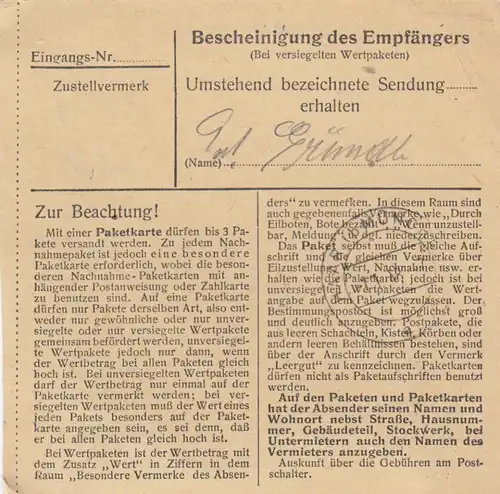 Paketkarte 1947: Prien Chiemsee nach Haar, Pflegeanstalt