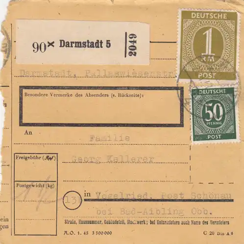 Paketkarte 1947: Darmstadt nach Vogelried, Post Schönau