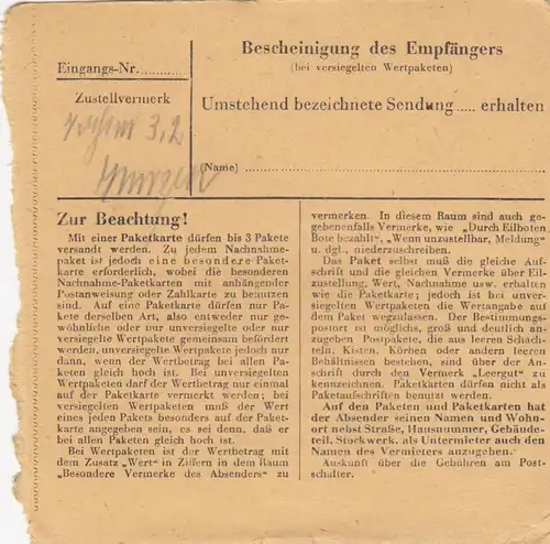 Carte de paquet 1947: Darmstadt par Vogelried, Post Schönau