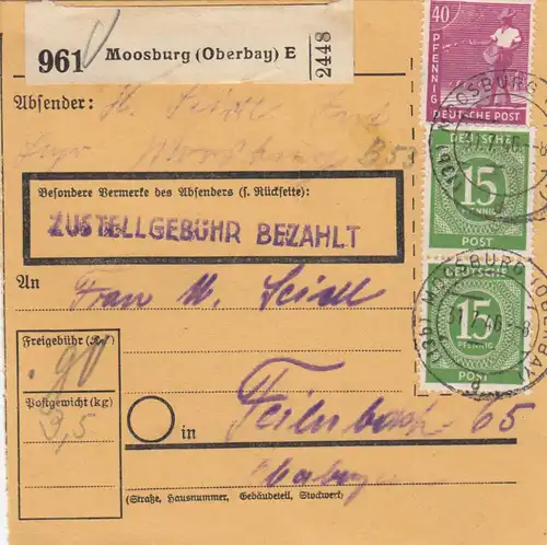 Paketkarte 1946: Moosburg nach Feilnbach 