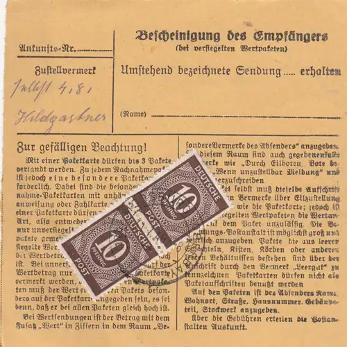 Paketkarte 1946: Moosburg nach Feilnbach 