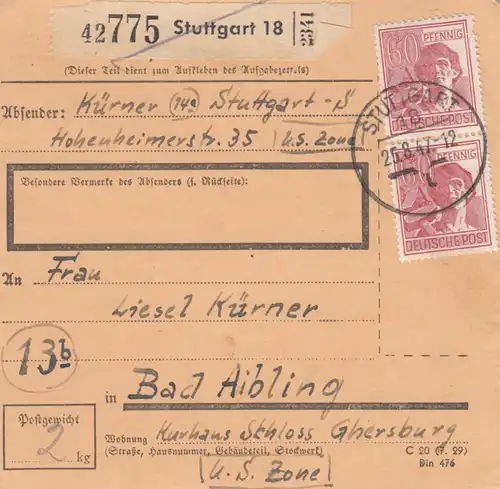 Paketkarte 1947: Stuttgart nach Bad Aibling, Kurhaus Schloss