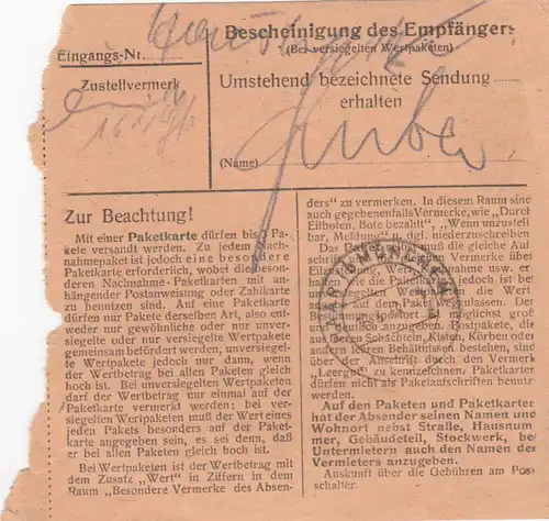 Paketkarte 1948: Oberstdorf nach München Haar
