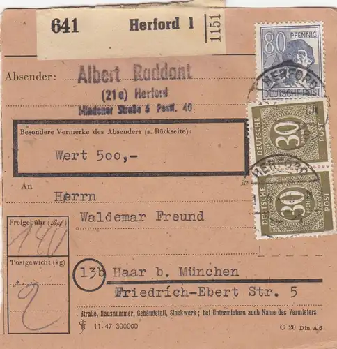 Carte de paquet 1948: Herford par cheveux, carte de valeur