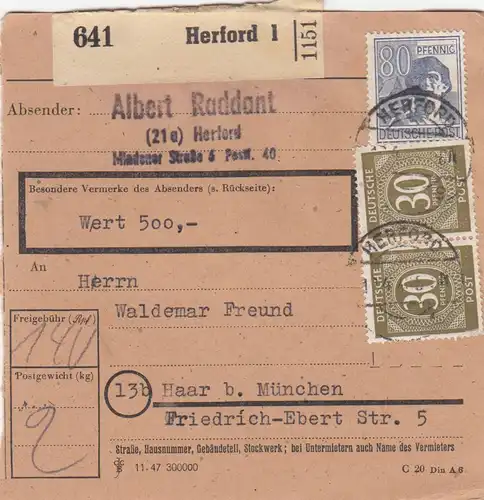 Paketkarte 1948: Herford nach Haar, Wertkarte