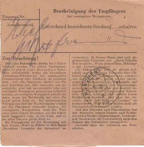 Paketkarte 1948: Herford nach Haar, Wertkarte 