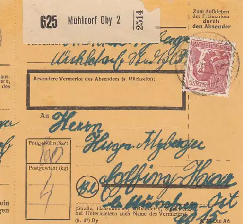 Paketkarte 1948: Mühldorf nach Eglfing, München-Ost