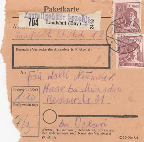 Paketkarte 1948: Landshut nach Haar