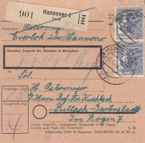 Carte de paquet 1948: Everloh vers Pullach-Gartenstadt via Hanovre
