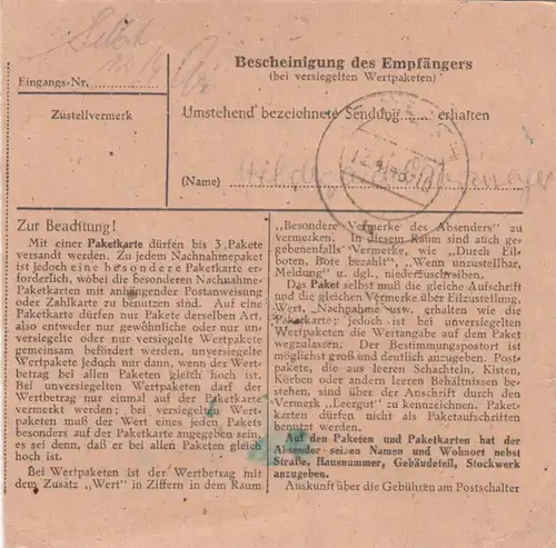 Paketkarte 1948: Everloh über Hannover nach Pullach-Gartenstadt