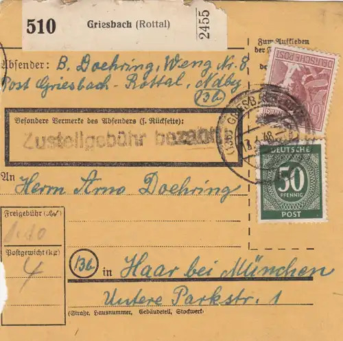 Paketkarte 1948: Griesbach (Rottal) nach Haar