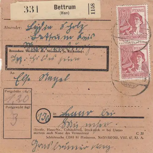 Paketkarte 1947: Bettrum nach Haar bei München