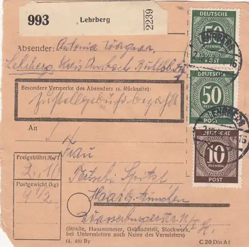 Paketkarte 1947: Lehrberg nach Haar