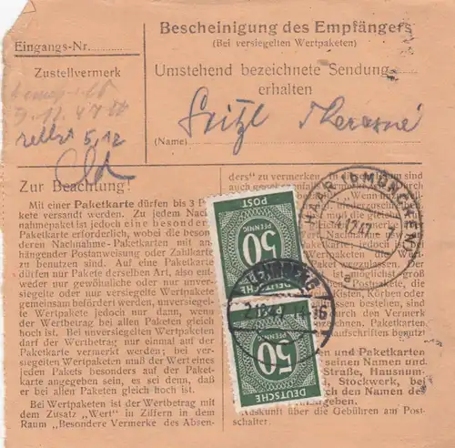 Paketkarte 1947: Lehrberg nach Haar