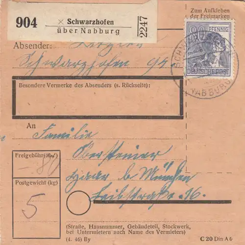Paketkarte 1947: Schwarzhofen über Nabburg nach München