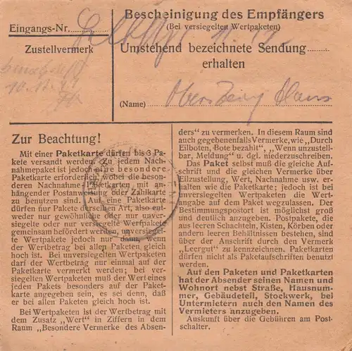 Carte de paquet 1947: Schwarzhofen par Nabburg à Munich