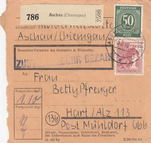 Paketkarte 1948: Aschau nach Hart / Alz, Mühldorf
