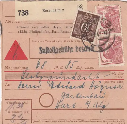 Carte de paquet 1948: Rosenheim vers Hart, Acceptation