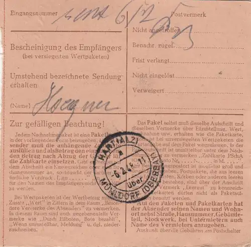 Carte de paquet 1948: Rosenheim vers Hart, Acceptation