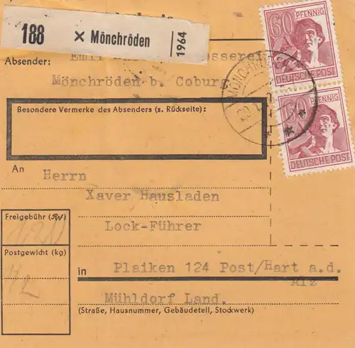 Paketkarte 1948: Mönchröden nach Plaiken, Post Hart