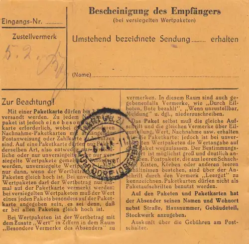 Paketkarte 1948: Mönchröden nach Plaiken, Post Hart