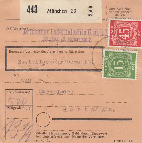 Paketkarte 1948: München, Lederindustrie nach Hart / Alz