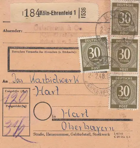 Paketkarte 1948: Köln-Ehrenfeld nach Hart, Oberbayern