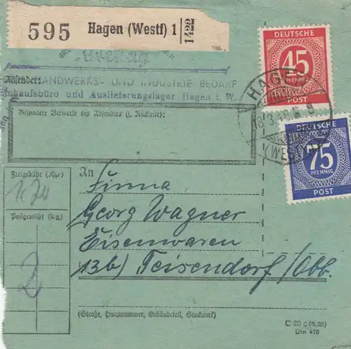 Paketkarte 1948: Hagen nach Teisendorf, Eisenwaren, besonderes Formular