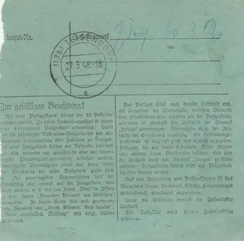 Paketkarte 1948: Hagen nach Teisendorf, Eisenwaren, besonderes Formular