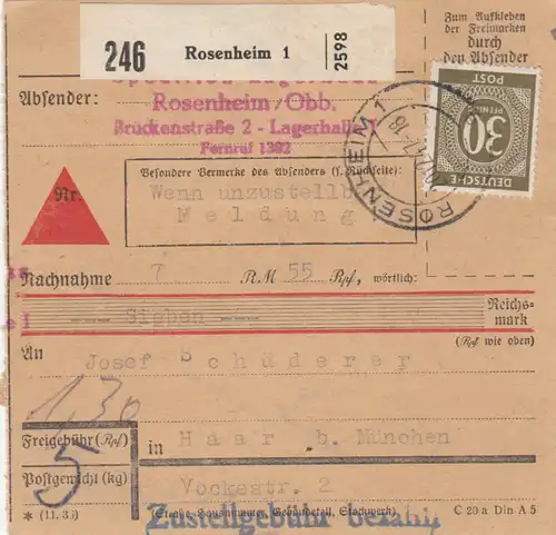 Paketkarte 1947: Rosenheim nach Haar, Nachnahme