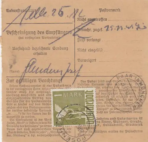 Carte de paquet 1947: Rosenheim par cheveux, réduction