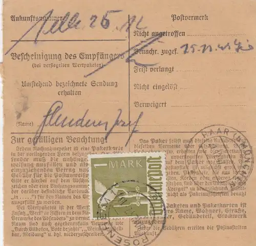 Paketkarte 1947: Rosenheim nach Haar, Nachnahme