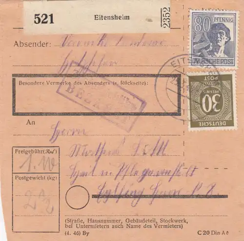 Paketkarte 1948: Eitensheim nach Eglfing, Heilanstalt