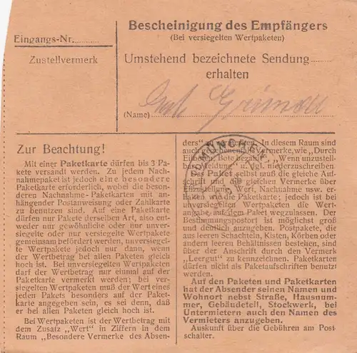 Paketkarte 1948: Eitensheim nach Eglfing, Heilanstalt