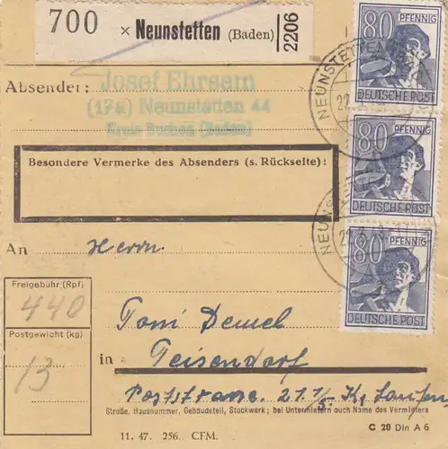 Paketkarte 1948: Neunstetten nach Teisendorf