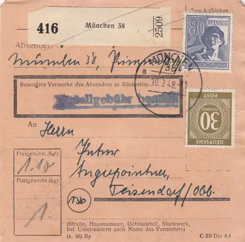 Paketkarte 1948: München 38 nach Teisendorf