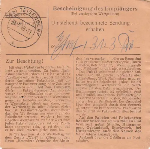 Paketkarte 1948: München 38 nach Teisendorf
