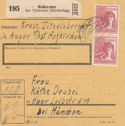 Paketkarte 1947: Hofkirchen bei Vilshofen nach Haar