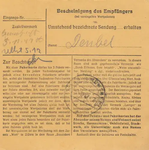 Carte de paquet 1947: Hofkirchen près de Vilshofen après Haar